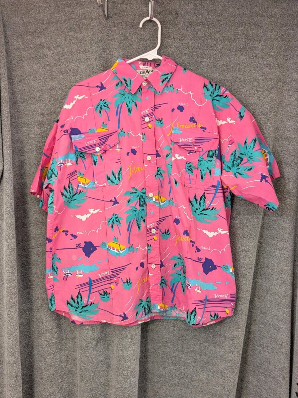 Vintage Collage Pink 1980's Hawaiian Camp Shirt Large
